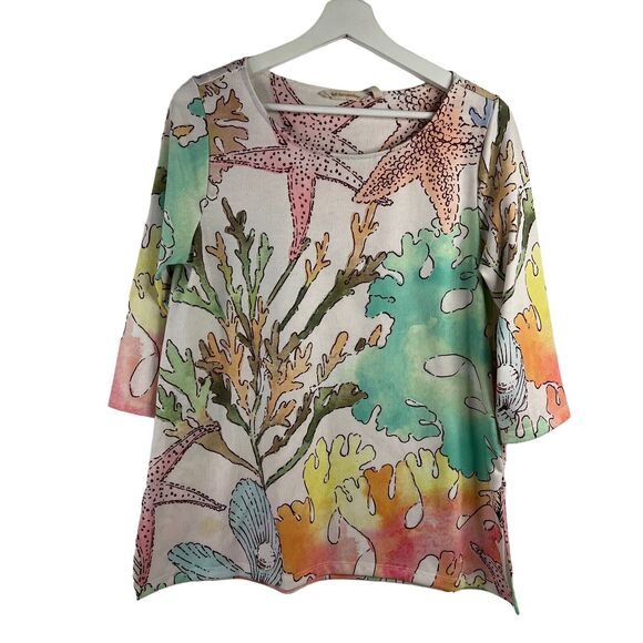 Soft Surroundings Sz PS Petite Cerina Tunic Top Blouse Beach Sea Coral Colorful - Picture 2 of 10